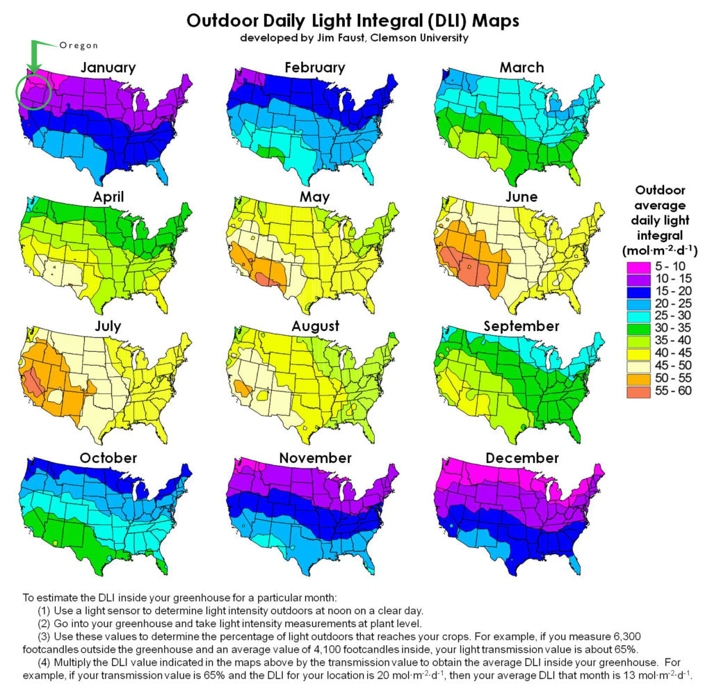 The average outdoor daily light integral throughout the continental United States