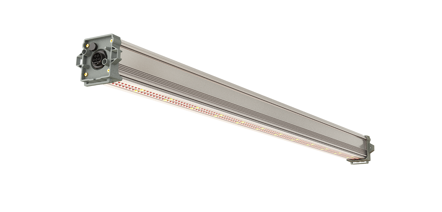 The BalensBeam high-wire crop LED grow light solution features a linear fixture with a gray metallic housing and visible rows of small LED diodes on the underside.