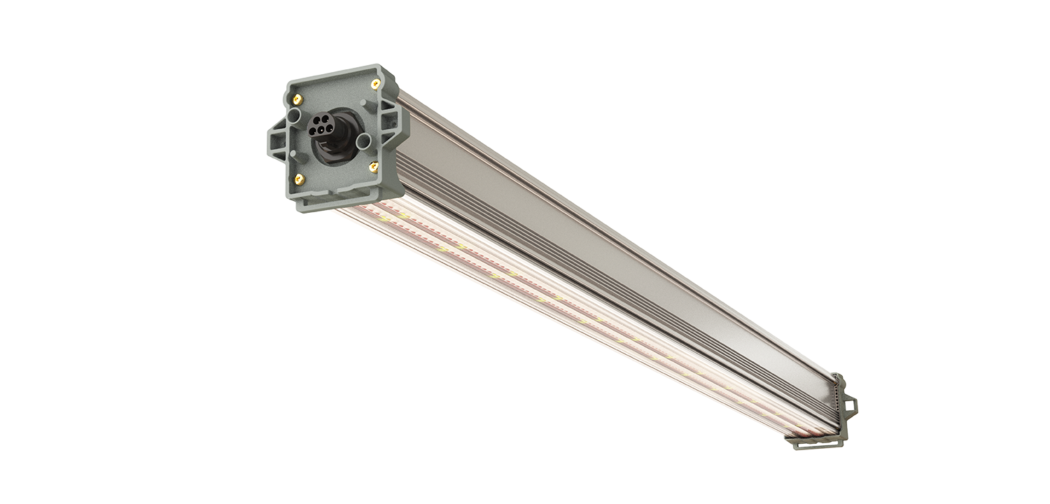 Rectangular BalensBeam high-wire crop LED grow light solution with a metal housing and visible connector port at one end, shown isolated on a white background.