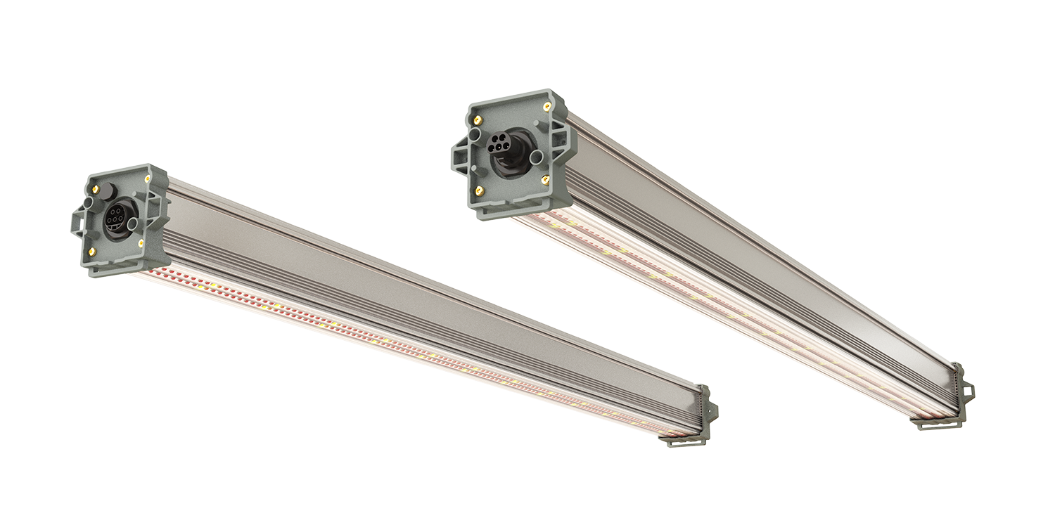 Two rectangular BalensBeam high-wire crop LED grow light solution fixtures with metal housings and exposed diodes, shown at different angles against a white background.