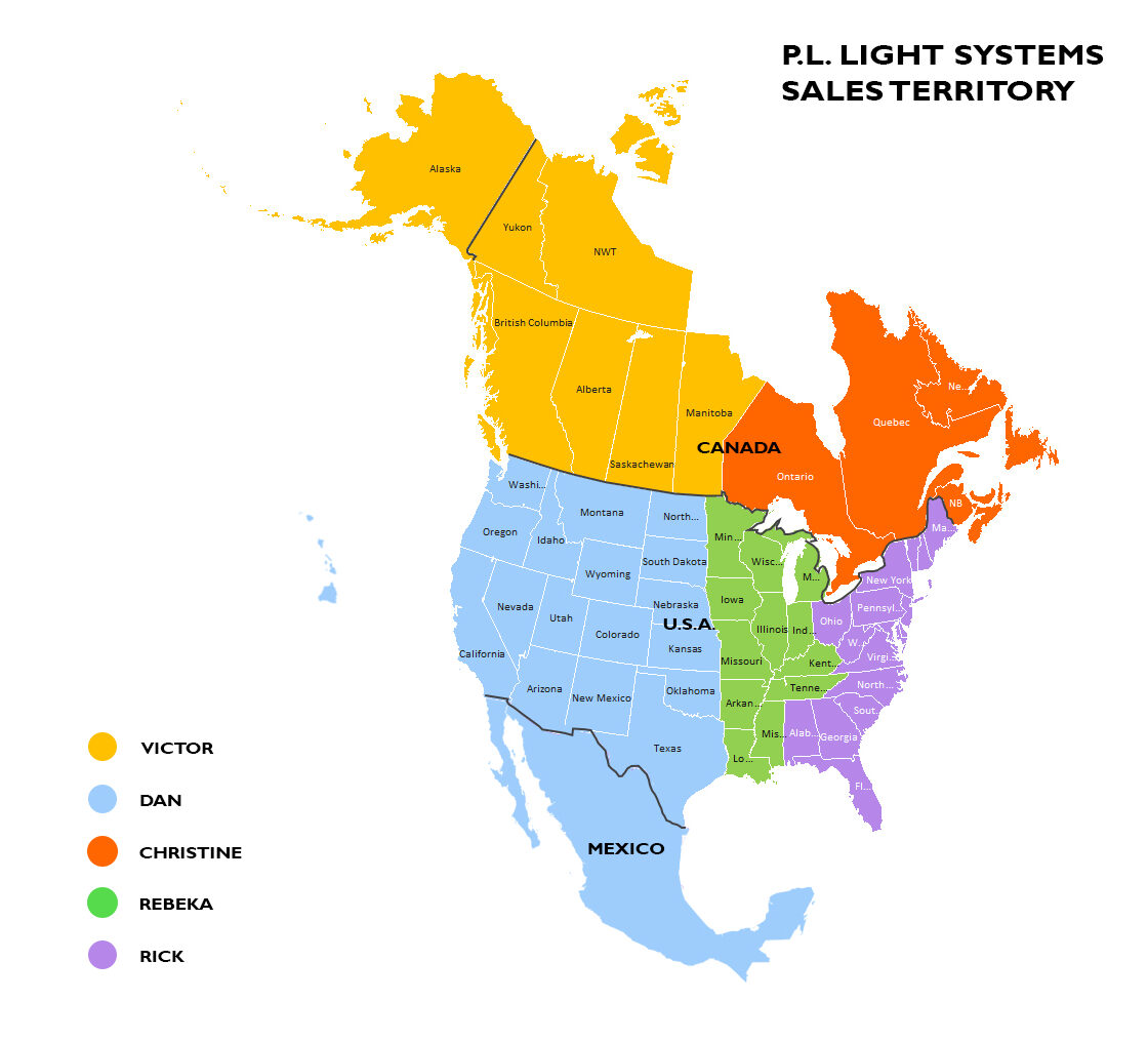 A map of North America shows P.L. Light Systems sales territories divided by five colors representing Victor, Dan, Christine, Rebeka, and Rick. Each person covers different regions.