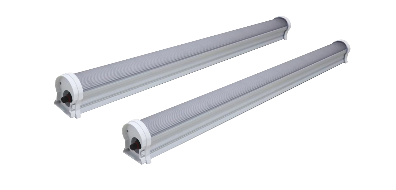 Two white BudBoost under-canopy LED grow light fixtures are shown side by side on a plain white background.