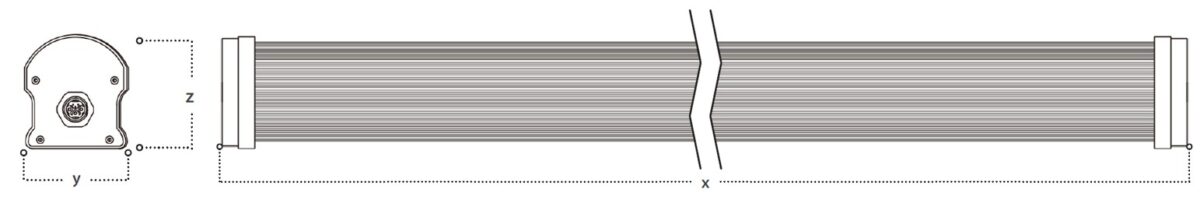 Technical drawing of a cylindrical BudBoost under-canopy LED grow light solution with cross-sectional and side views, labeled dimensions X (length) and Z (diameter).