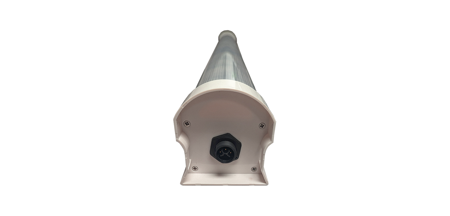 A cylindrical BudBoost under-canopy LED grow light solution, viewed from the end with a black power connector and two mounting screws visible on a white background.