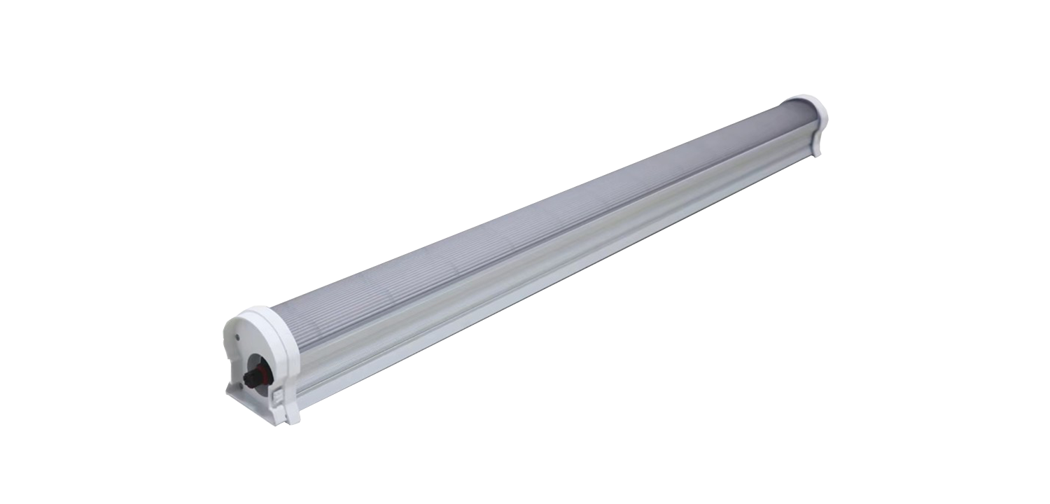 A single BudBoost under-canopy LED grow light solution with a white base and transparent cover, placed against a plain white background.