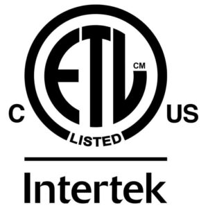 Black and white ETL Listed certification mark with C and US on either side, Intertek written below the logo, ensuring safety for BudBoost under-canopy LED grow light solution.