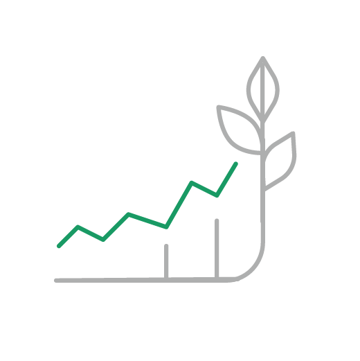 A green upward graph line merges into a gray plant, symbolizing growth and sustainability.