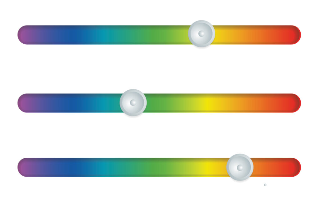 Three horizontal rainbow sliders, each with a round knob set at different positions: top right, middle left, and bottom far right.