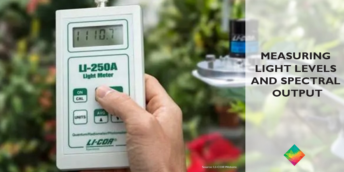 A person holds an LI-250A light meter displaying a reading, used for measuring light levels, with blurred plants in the background.