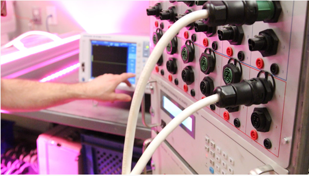A person adjusts settings on an electronic testing device—used for life expectancy analysis—with cables connected to a control panel in a laboratory environment.