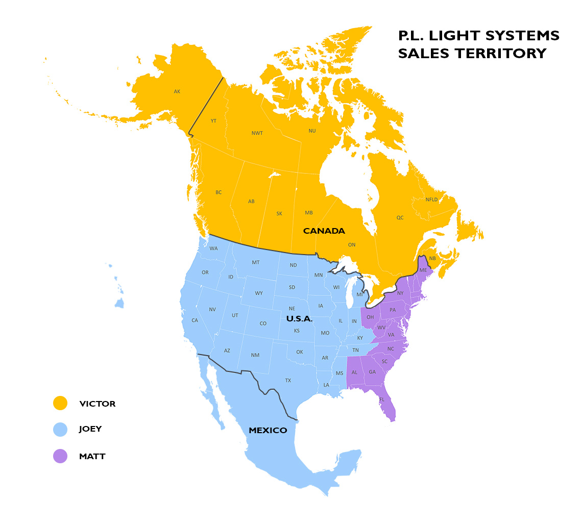 Map of North America showing P.L. Light Systems sales territories: Victor (Canada), Joey (eastern US), and Matt (western/southern US plus Mexico), each in different colors, highlighting regions served by P.L. Light Systems.