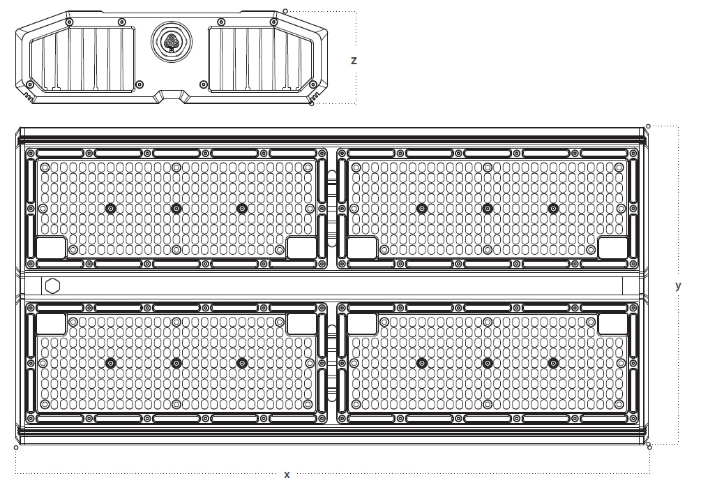 Dimensional line drawing of the PARfx Ultra LED fixture with x, y, and z axes