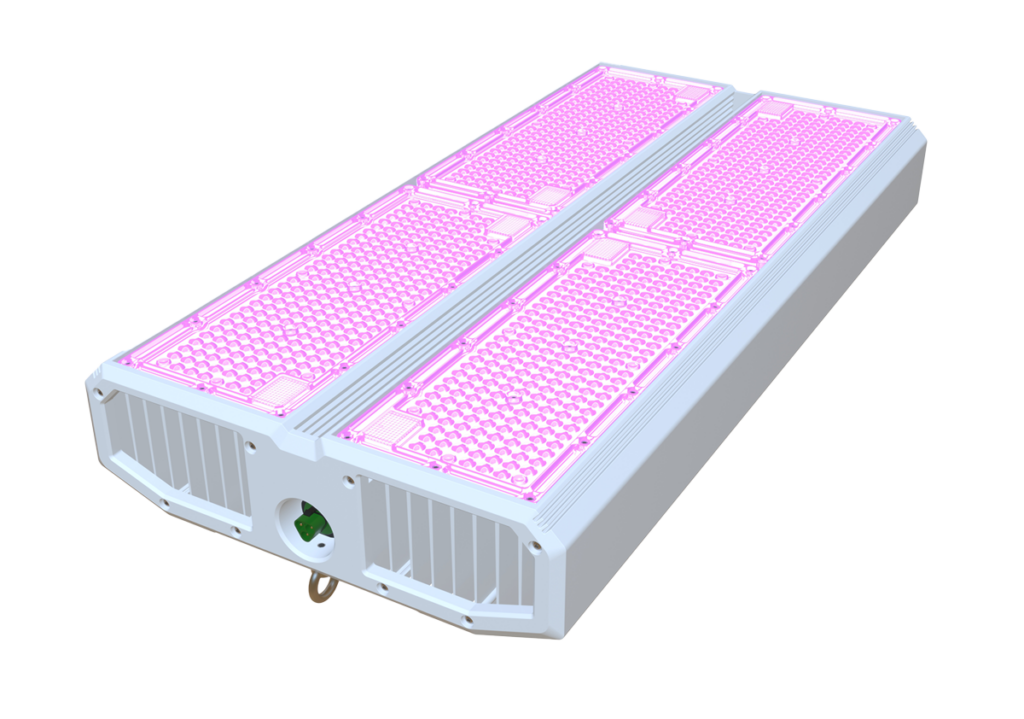 P.L. Light Systems ParFX Ultra full-spectrum LED grow light fixture, bottom view illuminated