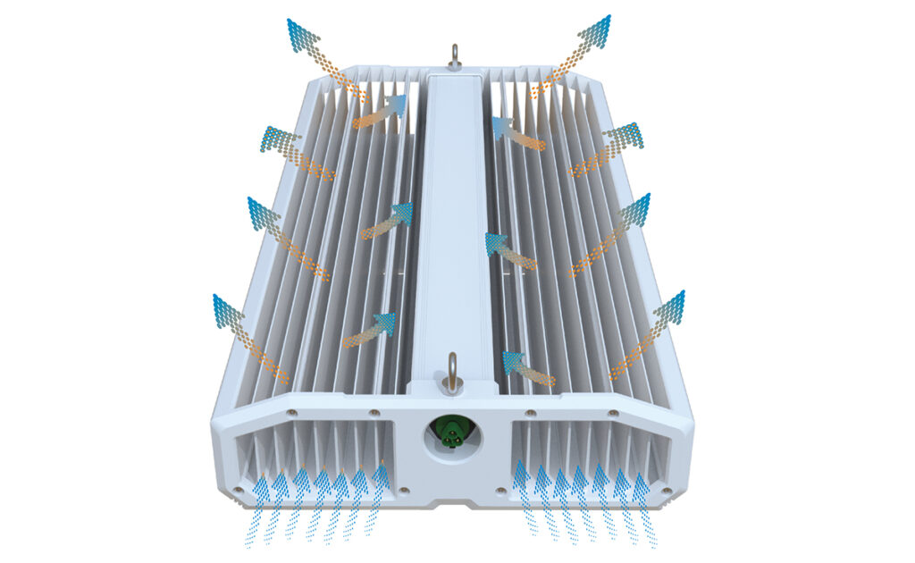 PARfx Ultra LED fixture with arrows illustrating passive thermal airflow
