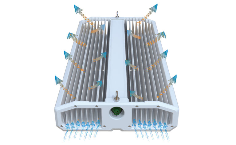 PARfx Ultra LED fixture with arrows illustrating passive thermal airflow