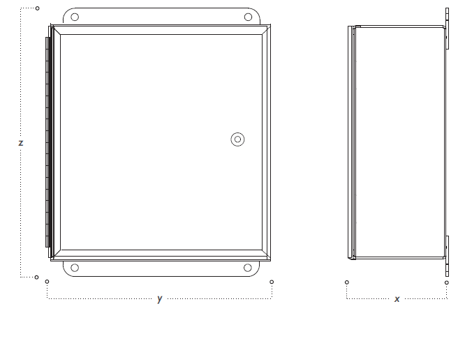 MCSA dimension drawing with labeled axes in inches and centimeters