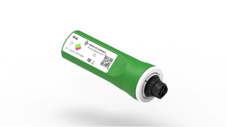 MeshIQ green dongle receiver that plugs into an LED luminaire