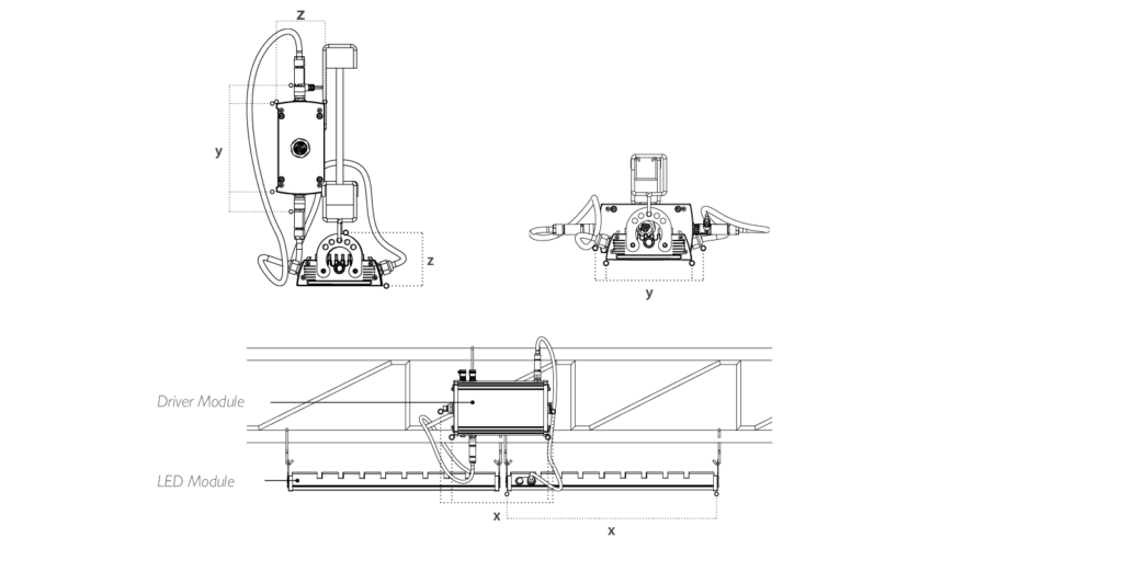 TriPlane Linear dimension drawing showing LED module and driver module measurements
