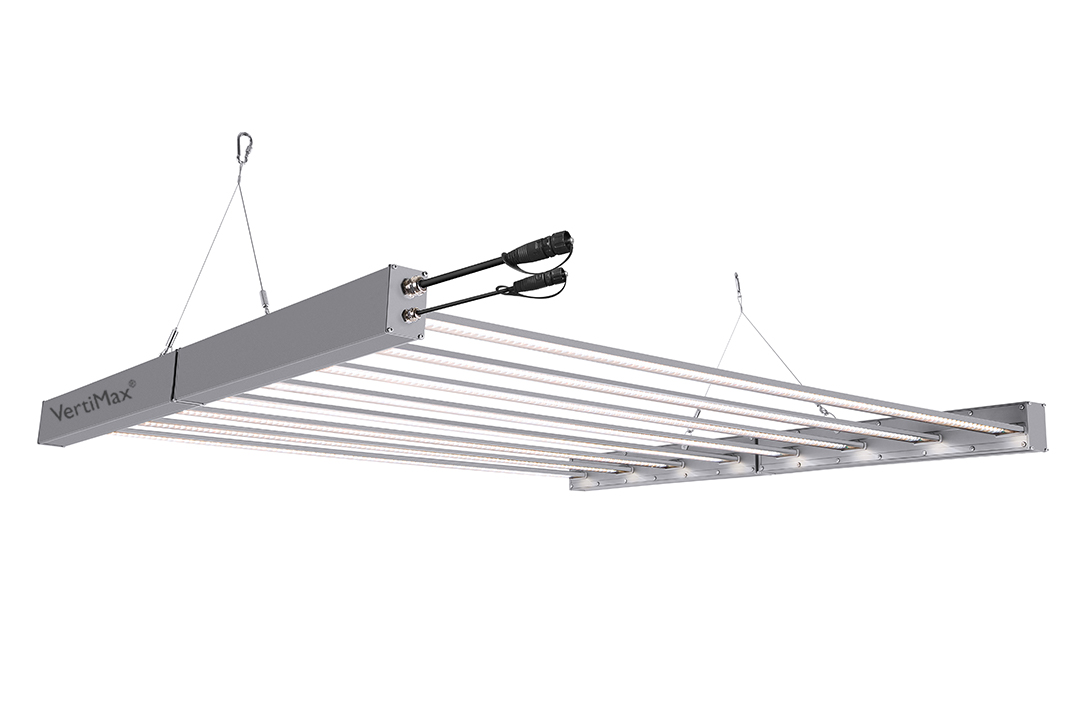 VertiMax large square multi-bar LED grow light panel at an angle with connectors and hanging cables