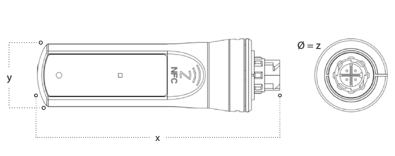 MeshIQ Dongle dimension drawing with length, width and diameter