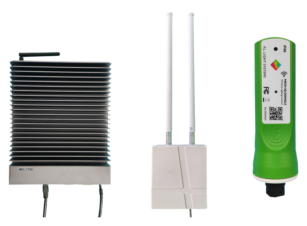 MeshIQ wireless lighting control system gateway, antenna and sensor components