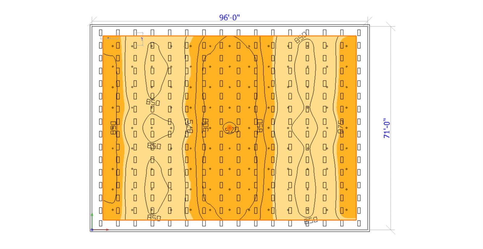 Sample photometric light plan layout with fixture placement and dimensions