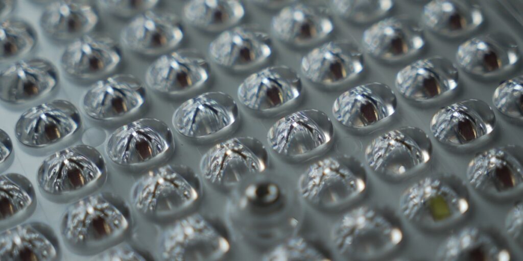Macro view of LED lens optics on a horticultural luminaire