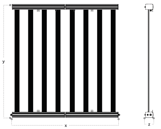VertiMax dimension drawing showing length (x), width (y), and height (z)