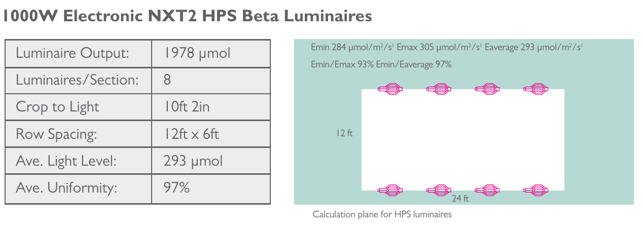 Light plan for an all HPS layout using 1000W Electronic NXT2 HPS Beta luminaires, eight per section on 12ft by 6ft row spacing, reaching a 293 umol average at 97% uniformity across a 24ft by 12ft calculation plane